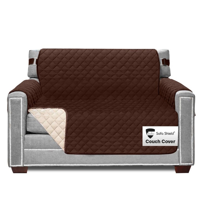 Sofa Shield Armchair Slip Cover with Patented Strap, Cushion Protector, US Designed Reversible Stain and Dog Tear Resistant Slipcover, 48 inch Seat, Washable Covers for Dogs Pets, Chocolate Beige - Image 1